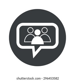 Three user icons, one painted, in chat bubble, in black circle, isolated on white