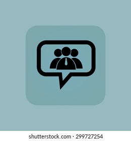 Three users group in chat bubble, in square, on pale blue background
