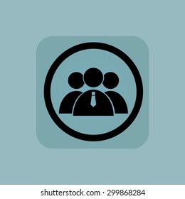 Three users group in circle, in square, on pale blue background