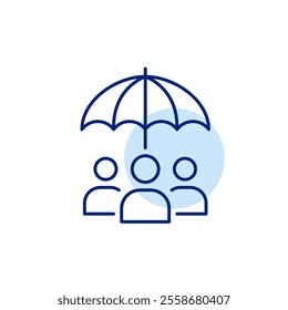 Three users under umbrella. Group insurance and protection. Pixel perfect, editable stroke icon