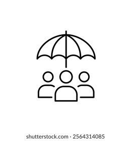 Three users under umbrella. Group insurance and protection. Pixel perfect vector icon