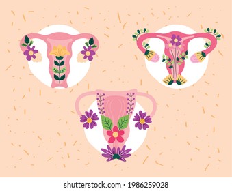 three uterus with flowers icons