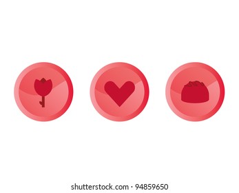 Three Valentine Buttons. Rose, Heart and Chocolate Candy.