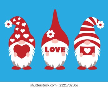 Three Valentine gnomes hold different things in their hands: love letter, and heart. Vector illustration on blue background.