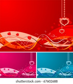Three Valentines Day background with Hearts, Diamond and wave pattern, element for design, vector illustration