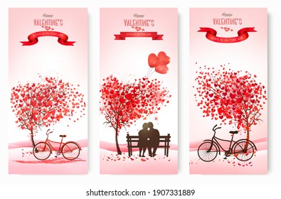 Three valentine's day banners with pink trees and hearts. Vector.