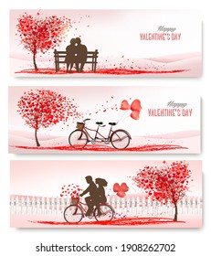 Three valentine's day banners with pink trees and hearts. Vector.