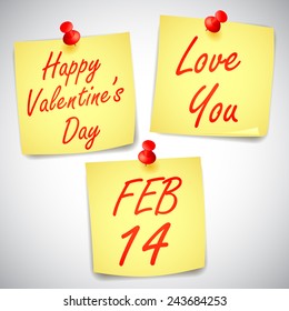 Three Valentines Day notes pinned to white wall