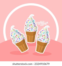 Tres helados de vainilla coronados con rociadas en una mesa rosa con marcos y texto en negrita sobre fondo rosado para celebrar el Día Nacional de la Crema de Hielo de Vainilla el 23 de julio