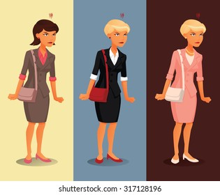 Three variants of angry businesswoman with different hairdos and clothing colors