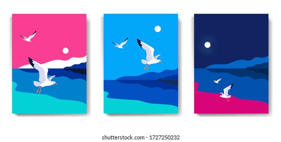 Three variants of backgrounds. Sea landscape with gulls. Coast, sky, flaying seagulls. Vector illustration