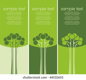 Three variants of cards with stylized trees and text