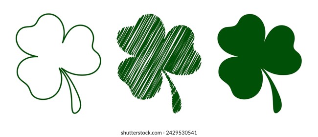 Drei Varianten des Kleeblattbildes: Umriss, schattiert und flach. Set von grünen Shamrocks isoliert auf transparentem Hintergrund. Einen schönen St. Patrick's Day. Vektorgrafik