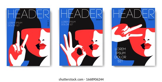 Three variants of fashion magazine cover designs. Woman showing sign victory and ok. Vector illustrations