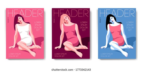 Three variants of fashion magazine cover design. Girl sitting on the floor, full length figure, pink, burgundy and blue colors of  background. Vector illustration