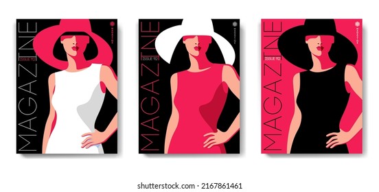 Three variants of fashion magazine cover design. Women wearing red, white and black dresses and big hats. Isolated image, header, black and red backgrounds. Vector illustration