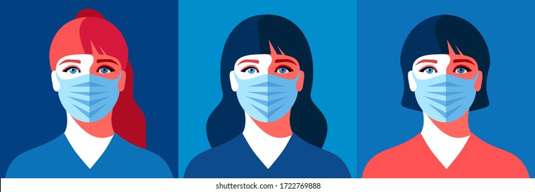 Three variants of female avatar. Young woman in medical face mask. Concept of coronavirus quarantine. Vector illustration