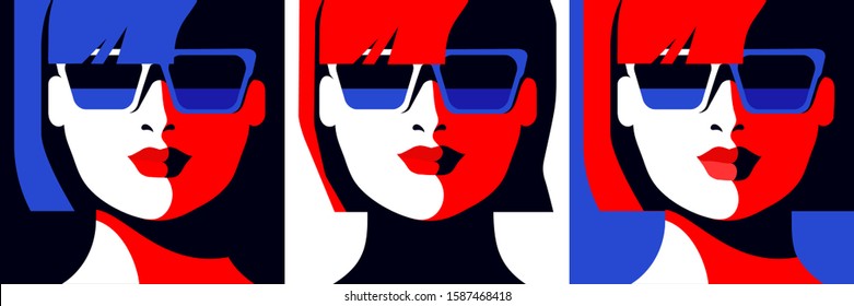 Three variants of female avatars. Close-up portrait of abstract young girl. Short haircut, sunglasses. Vector illustration