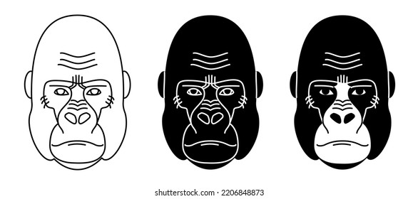 Three variants of the gorilla head logo. Monkey face icon. The head of a primate with a serious expression. Outline, flat, sketch. Black icons isolated on white background. Unique limited edition art