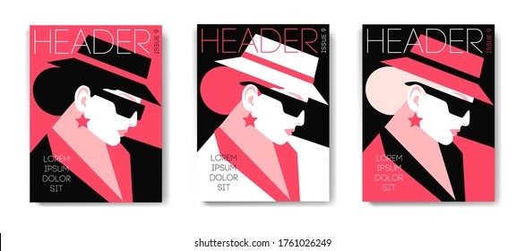 Three variants of magazine cover design. Female portraits in black, white and red colors. Woman in hat and sunglasses, side view. Vector illustration