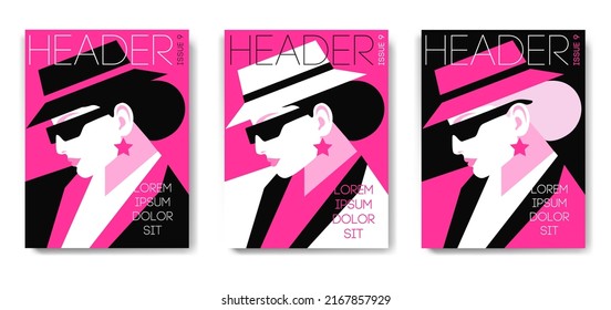 Three Variants Of Magazine Cover Design. Female Portraits In Black, White And Pink Colors. Woman Wearing Suit, Hat And Sunglasses, Side View. Vector Illustration