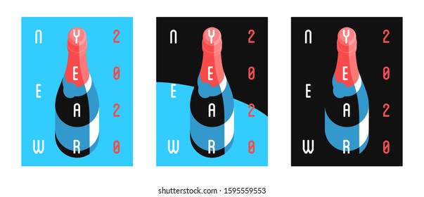 Three variants of New Year 2020 posters. Champagne bottle and letters on different backgrounds. Vector illustration