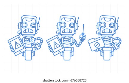 Three variants robot character holding tablet screwdriver folder scribble. Vector illustration. Mascot character.
