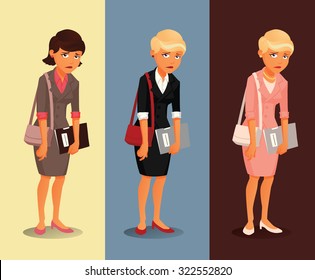 Three variants of sad businesswoman with different hairdos and clothing colors