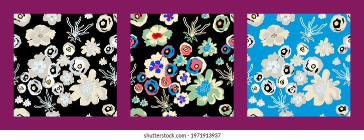 Three variants of the same seamless floral composition on black and blue backgrounds. Patterns with large abstract flowers. For textile, fabric print, packing, wrapping, cover. Vector.