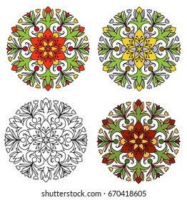 
Three variants of single mandala coloring. Decorative round ornaments. Yoga logos, backgrounds for meditation poster. idea for greeting cards, invitations
