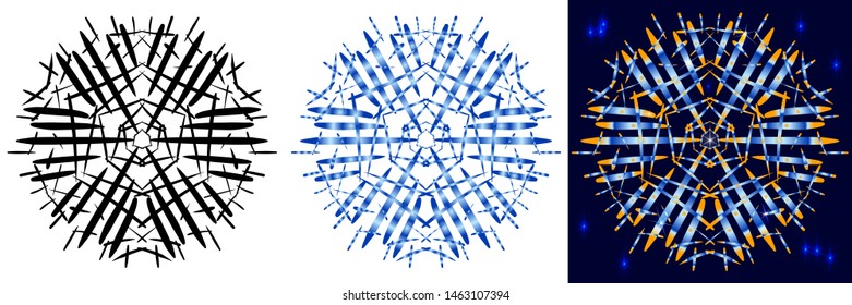 Three variants of stylized snowflakes on a white and colored background. A set of elements to create a pattern for the design of winter themes. Hand drawing style. Blue gradient. The sky with the star