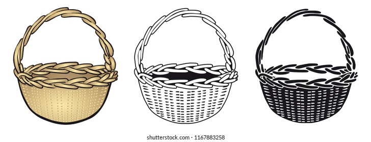 Three Variants Of A Wooden Basket / Vector, Isolated