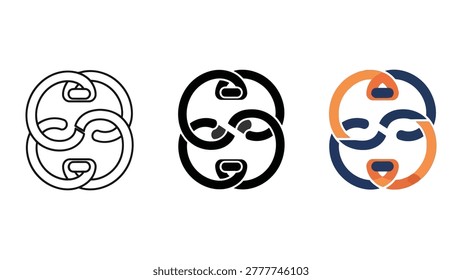 Three variations of an abstract circular design are shown: a black and white outline, a solid black version, and a colored version with blue and orange elements. The shapes are interlocking and create a symmetrical pattern.