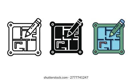 Three variations of an architectural blueprint with a pencil, presented in line art, solid black, and colored flat design styles. The blueprint shows room layouts and walls.