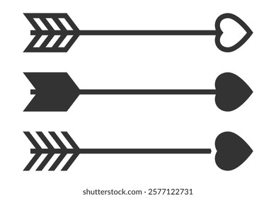 Three variations of an arrow icon with heart shapes on ends.
