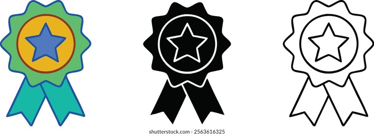 Three variations of an award badge icon are shown a colorful version, a solid black version, and an outline version. Each features a star in the center and ribbons.