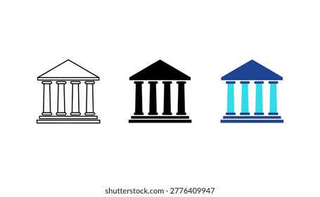 Three variations of a bank building arranged horizontally on a white background. The first is a black outline The second is a solid black silhouette. The third is a colored version featuring a dark blue roof and base with light cyan columns. Each a classical building facade with a triangular pediment, a horizontal entablature, and four vertical columns resting on a tiered base. The style is clean, flat, and UI or informational signage.