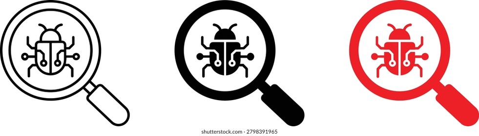 Three variations of a bug search icon, featuring line art, solid fill, and red color, suitable for digital use.