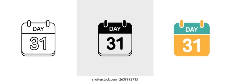 Three variations of a calendar icon show the thirty-first day. The icons are presented in line art, solid black, and a flat color scheme of teal and yellow.
