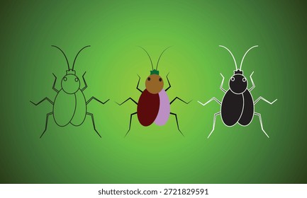 Tres Variantes de un escarabajo de dibujos animados: contorno, color y silueta