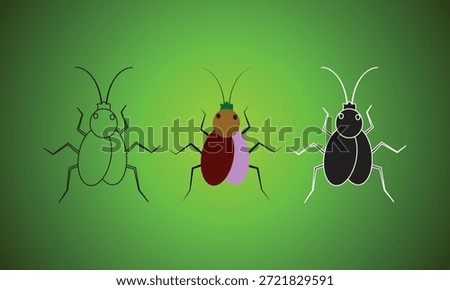 Three Variations of a Cartoon Beetle: Outline, Colored, and Silhouette