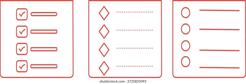 Tres variaciones de iconos de lista de comprobación, que se utilizan para representar listas de elementos o tareas