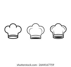 Three variations of a chef's hat icon, presented in a simple, clean, black and white line art style. Perfect for restaurant menus, culinary websites, or cooking apps.