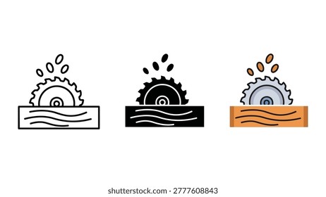 Three variations of a circular saw blade cutting through a wooden board, presented in line art, solid silhouette, and flat color styles.