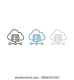 Three variations of cloud computing server network icons in different outline styles and colors.