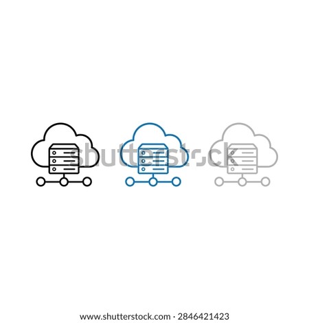 Three variations of cloud computing server network icons in different outline styles and colors.
