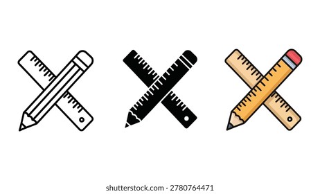 Three variations of crossed pencil and ruler icons displayed in outline silhouette and colorful flat design styles.