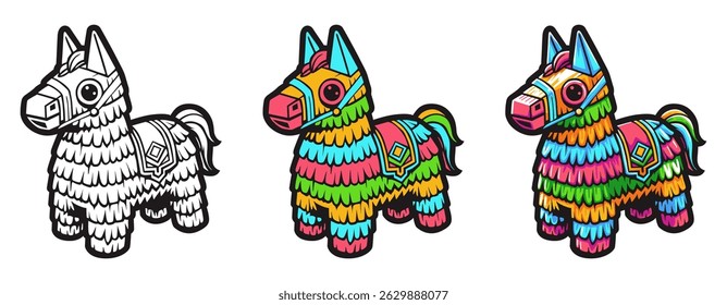 Three variations of a cute horse pinata for color book