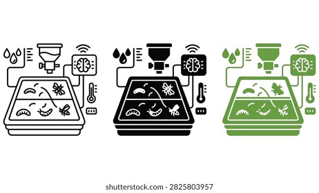 Three variations displaying an insect farming system with larvae in a tray, a feeding mechanism, a brain and a temperature gauge sensor.