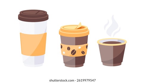 Three variations of disposable coffee cups showing different stages of use